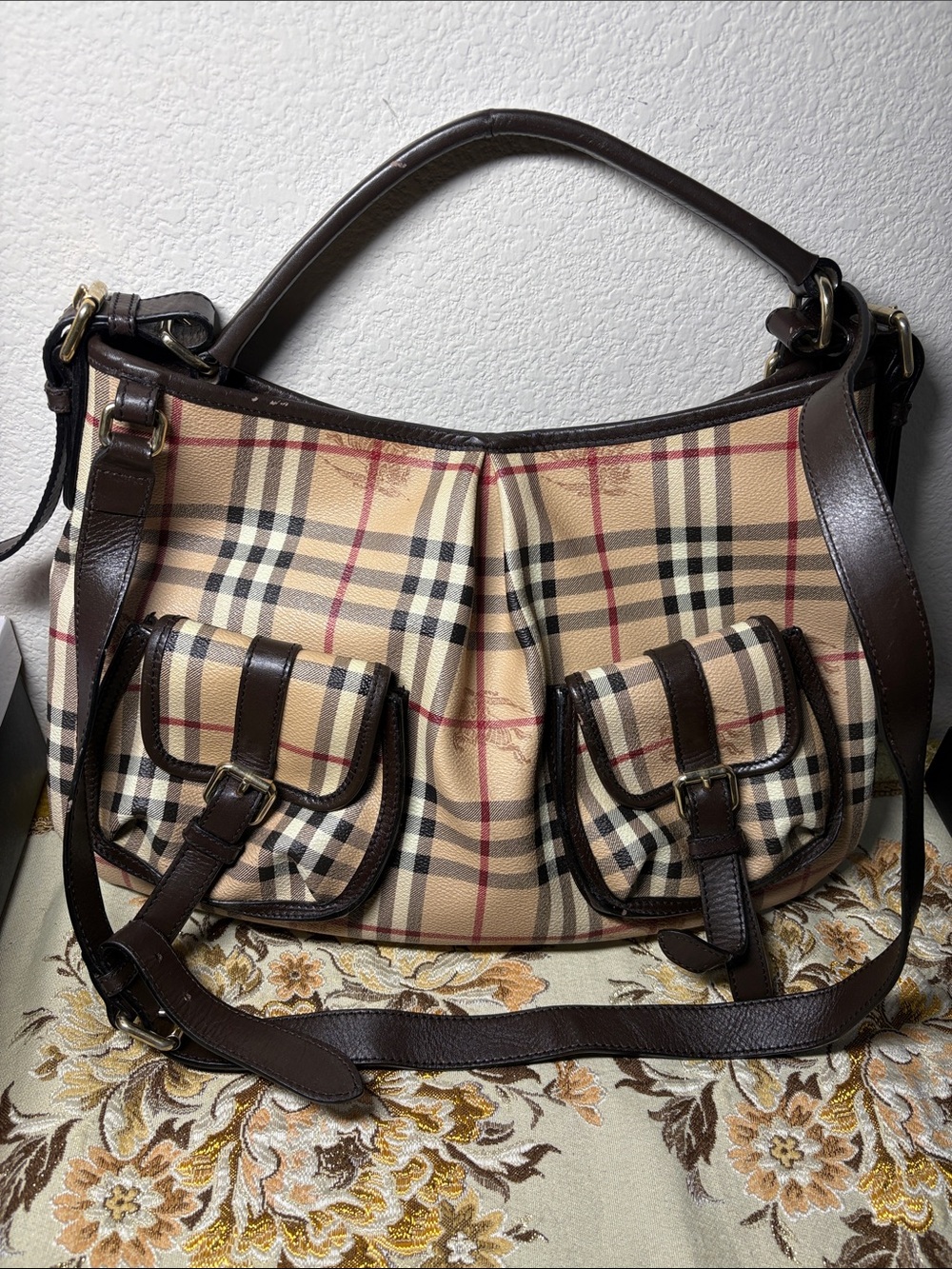 Gucci Beige Check Canvas Shoulder Bag with Brown Leather Trim